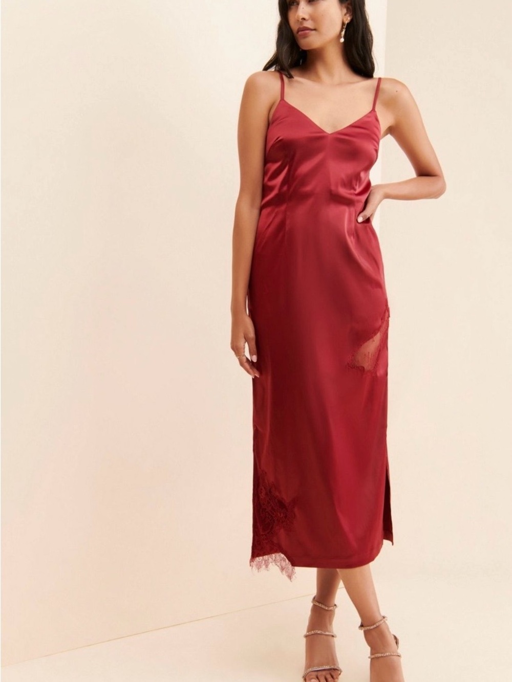Allina Liu Red Satin Midi Slip Dress with Lace Accent Size 2